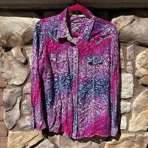 Wrangler Rock 47 Shirt Womens Large Pink Purple Rhinestone Pearl Snap Cowgirl